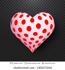 3D heart with pattern of red and white dots. Decorative love symbol isolated on dark background. Editable design element.