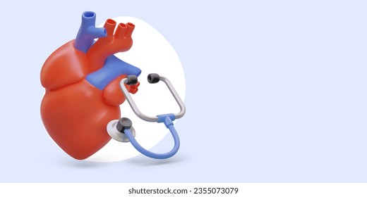 corazón 3D, fonendoscopio. Monitorización de la frecuencia cardíaca, control de pulsos. Servicios de cardiólogo. Tratamiento de enfermedades crónicas cardíacas, operaciones, gritos. Plantilla horizontal para diseño web