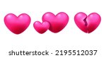 3D heart pink set, love candy game icon, red Valentine shape cracked balloon UI lovers badge. Medical element isolated clipart emotion romantic cartoon illustration. 3D heart glossy glowing collection