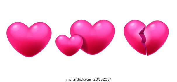 3D heart pink set, love candy game icon, red Valentine shape cracked balloon UI lovers badge. Medical element isolated clipart emotion romantic cartoon illustration. 3D heart glossy glowing collection