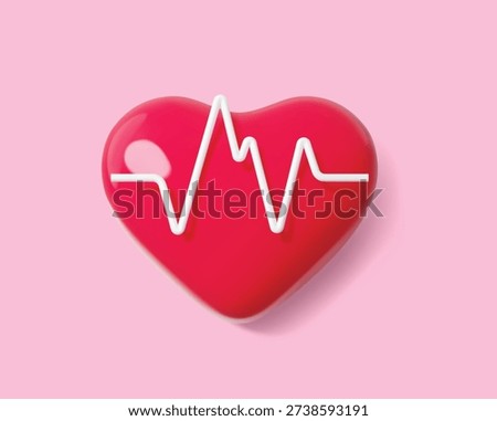 3d heart pressure icon, heartbeat cardiogram, health check. Red glossy heart medical symbol of pulse, health care and heartbeat monitoring. Vector heart and pulse medicine wellness and vital life sign