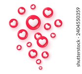 3d heart reaction. Flying like reactions success symbol social media network, love hearts button emoji good internet vote post, promotion communication nowaday vector illustration of like heart media