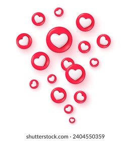 3d heart reaction. Flying like reactions success symbol social media network, love hearts button emoji good internet vote post, promotion communication nowaday vector illustration of like heart media