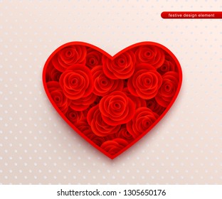 3d heart with red roses, shape filled with flowers for festive and advertising design of Valentines Day, Womens Day, Mothers Day, wedding, engagement of other events and holidays, Vector illustration