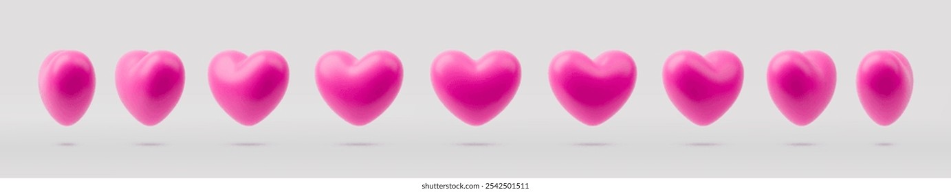 3D heart rotation. Animated pink heart set. Love symbol turn around for game animation, sequence sheet effect for video, greeting card. Valentines Day vector illustration isolated on white