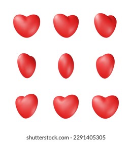 3d heart rotation. Collection of realistic red valentine hearts isolated on a white background. Vector 10 EPS.