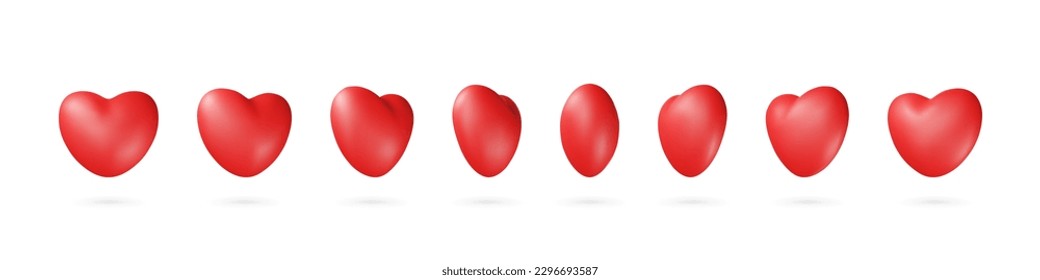 3d heart rotation. Collection of realistic red valentine hearts isolated on a white background. Vector 10 EPS.