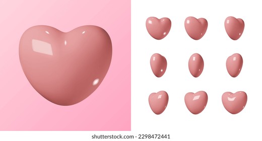 3.ª rotación cardíaca. Colección de corazones de San Valentín rosa brillante realistas aislados en un fondo blanco. Vector 10 EPS.
