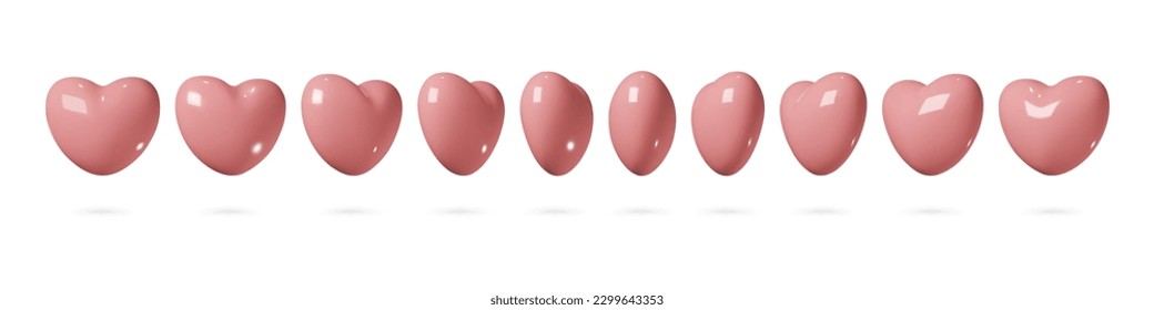 3d heart rotation. Collection of realistic glossy pink valentine hearts isolated on a white background. Vector 10 EPS.
