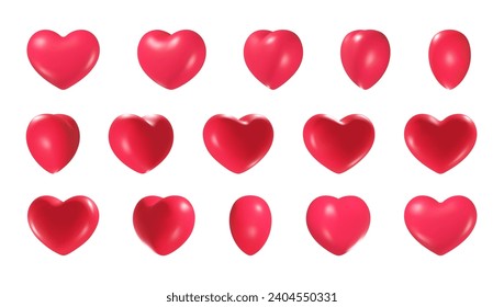 3d heart rotation. Isolated hearts shape animation for cartoon game, valentine day wedding scarlet love symbol, sprite sheet looping objects realistic vector illustration of 3d love shape wedding