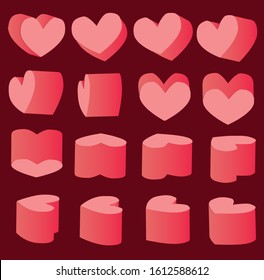 3D heart. Rotation views. Isometric icon set. Valentine symbol for decoration 