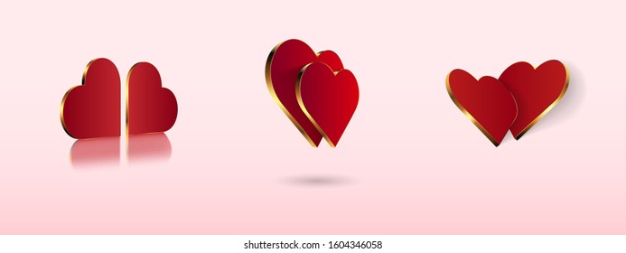 3D heart. Set of red with a gold border symbols of love. A great element for Valentine's Day composition.