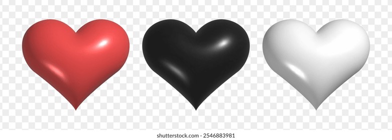 3d heart set. White, black and red love symbol. Realistic Valentine's Day elements collection isolated on transparent background