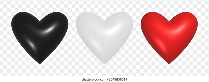 3d heart set. White, black and red love symbol. Realistic Valentine's Day elements collection isolated on transparent background