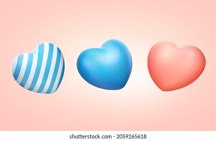 3D heart shape balloons. Illustration of three blue and pink colored heart shape balloons on pink background