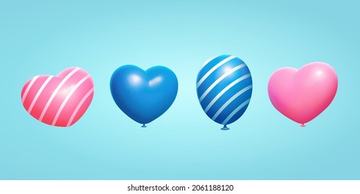 Globos con forma de corazón 3D. Ilustración de cuatro globos de formas de corazón azules y rosas, incluidos los de superficies lisas y rayas alineadas sobre fondo azul