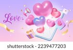 3D Heart shape balloons popping out from smartphone surrounded by confetti and love icon message on pink purple gradient background. Suitable for Valentine's Day sales ad banner.