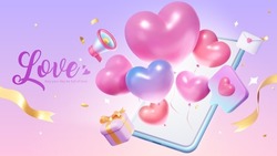 3D Heart Shape Balloons Popping Out From Smartphone Surrounded By Confetti And Love Icon Message On Pink Purple Gradient Background. Suitable For Valentine's Day Sales Ad Banner.