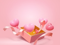 3d Heart Shape Balloons And Ribbons Popping Out Of Gift Box. Valentine's Day Or Mother's Day Elements Isolated On Pink Background