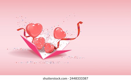 Globos y cintas en forma de corazón 3d que salen de la caja de regalo. Elementos de San Valentín o Día de la Madre aislados sobre fondo rosa