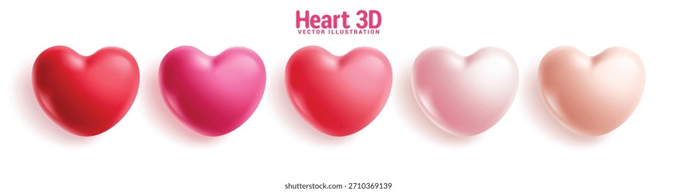 Conjunto de Clipart de forma de corazón 3d. Colección de arte del Clip del icono de la forma de los corazones en color rojo y rosado para los Elementos gráficos del día de San Valentín aman el símbolo inflable en Ilustración vectorial blanca del fondo.
