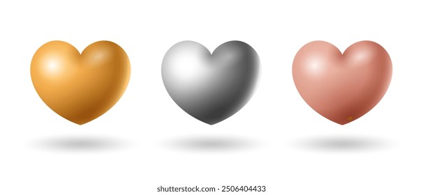 3d heart shape collection, isolated on white background. Suitable for Valentine's Day and Mother's Day decoration. Gold, silver and bronze heart. Vector illustration.