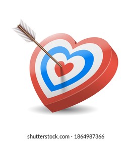 3d heart shape target with arrow in bullseye center isolated with shadow on white background. Rendering vector illustration