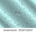 3D Heart shape Water Drops texture background. Spray, droplets on gray surface. Inflatable Bubble Isolated Rain drop on glass effect valentine day window background. Vector realistic aqua liquid flows