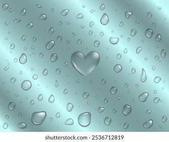 Fondo de textura de gotas de agua en forma de corazón 3D. Rocíe, gotitas en la superficie gris. Gota de lluvia aislada de la burbuja inflable en el fondo de cristal de la ventana del día de San Valentín del efecto. Flujos de líquido acuático realistas de Vector