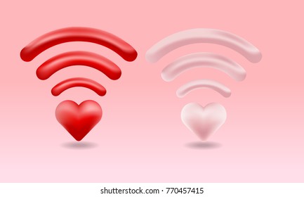 3D heart shape wi-fi sign, happy valentine’s day, icon, vector