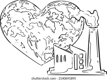 Tierra en forma de corazón 3D detrás de chimeneas de fábricas con dibujos de la mano de humo ilustraciones vectoriales arte