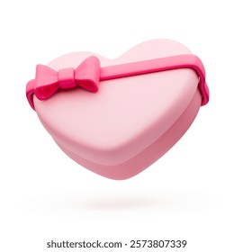 3D heart shaped pink gift box with red ribbon. Realistic Valentines packaging, love present in shape of heart. Cute love icon, romantic concept with red bow, Valentine's Day decoration on white