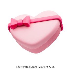 3D heart shaped pink gift box with red ribbon. Realistic Valentines packaging, love present in shape of heart. Cute love icon, romantic concept with red bow, Valentine's Day decoration on white