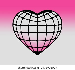 3D heart shaped wireframe on a pink gradient background. Vector illustration in 2000s aesthetics.