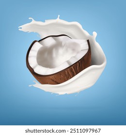3D Heart Shapes Coconut Milk Splash Isolated On Blue Background. EPS10 Vector