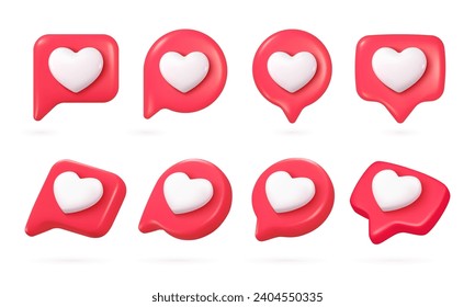 3d heart speech. Hearts like box or chat bubble icon, love sign romantic message comment notification mobile social media concept, romance talk cloud ui nowaday vector illustration