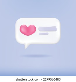 3D heart symbol social media notification icon isolated on white bubble speech. Comments thread mention or user reply sign with social media. 3d medal favourite popular on vector illustration.