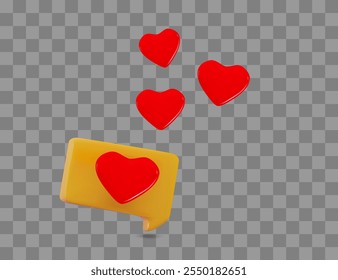 Icono de notificación de redes sociales de símbolo de corazón 3D aislado en el discurso de la burbuja amarilla Comunicación social en línea Concepto de feliz día de San Valentín Ilustración vectorial tridimensional mínima de representación 3D