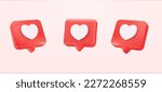 3d  Heart textbox, heart icon, love social media notification, love icon for instagram on the chat box. Set Like heart icon on a red pin. Set of heart in speech bubble icon. 3d vector illustration