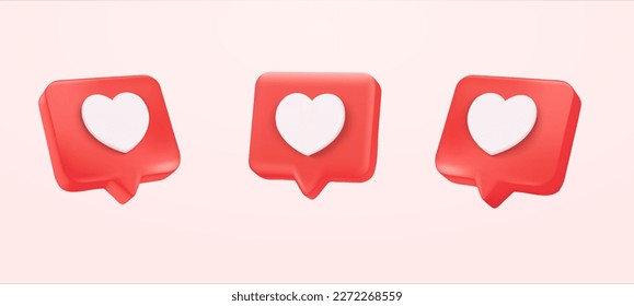 3d Texto del corazón, icono del corazón, notificación de los medios sociales de amor, icono del amor para el instagram en la caja de chat. Fijar como icono del corazón en un pin rojo. Juego de corazones en el icono de la burbuja de habla. 3.ª ilustración vectorial