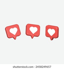 Caja de texto de corazón 3d, icono de corazón, notificación de amor en redes sociales, icono de amor para redes sociales en el cuadro de chat. Establecer como icono del corazón en un pin rojo. Conjunto de corazón en el icono de burbuja de voz. Ilustración vectorial 3d.