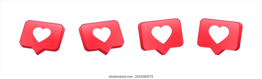 Caixa de texto Coração 3d, ícone do coração, notificação de mídia social do amor, ícone do amor para mídia social na caixa de chat. Definir como ícone do coração em um pino vermelho. Conjunto de corações no ícone de balão de fala. Vetor 10 eps.