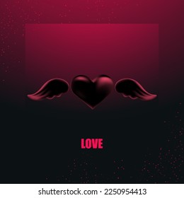 3d corazón con alas sobre un fondo oscuro. Felicitaciones por festividades, declaración de amor por el Día de San Valentín, Día de la Mujer.Ilustración vectorial.