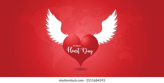 3D corazón con alas en el mapa del mundo punteado cartel de Vector