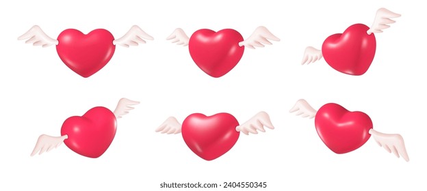 3d heart wings. Religious hearts cherub angel, red decorative love symbol fly air wing for valentine day or wedding holiday, render romantic shape cute vector illustration of heart love valentine