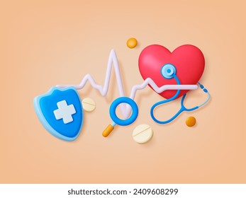 concepto de línea de latido del corazón tridimensional. Asistencia médica cardíaca, seguridad sanitaria y seguros. Corazón rojo, píldoras y escena vectorial piadosa del hospital o farmacia realista