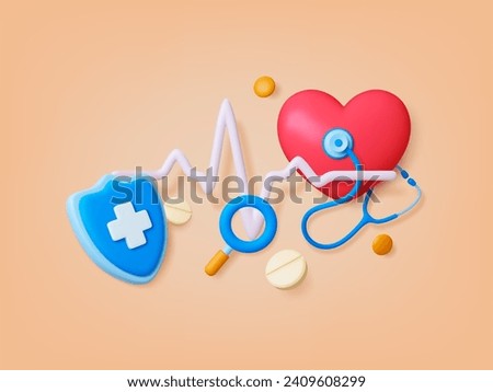 3d heartbeat line concept. Cardio medical help, health safety and insurance. Red heart, pills and hospital or pharmacy realistic shiel, pithy vector scene