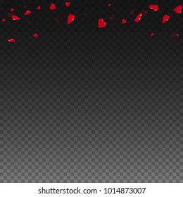 3d hearts. Abstract top border on transparent grid dark background. 3d hearts valentine's day brilliant design. Vector illustration.