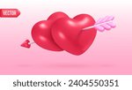 3d hearts arrow. Heart piercing cupid arrows, loving couple relationship concept, romantic love symbol joy marriage valentine day advertising, realistic nowaday vector illustration