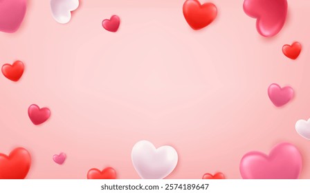 3d hearts background. Valentines Day greeting card concept. Happy Women s, Mother s, Valentine s Day, birthday greeting. Vector illustration